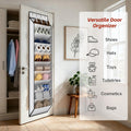 Over-door organizer on closet door holding shoes hats toys and toiletries versatile use icons on right side