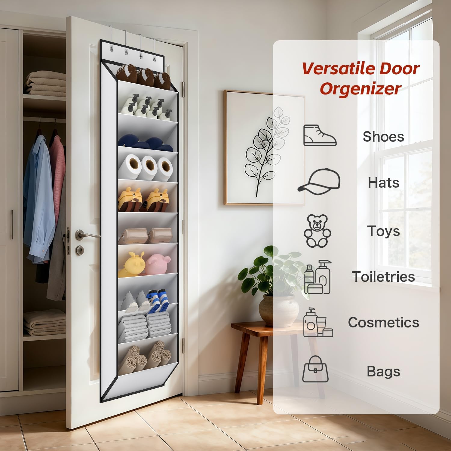 Over-door organizer on closet door holding shoes hats toys and toiletries versatile use icons on right side