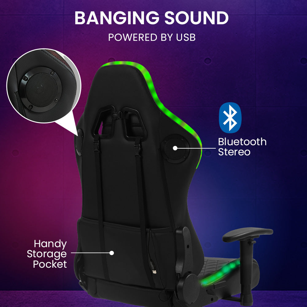 Overdrive Pulse-X gaming chair rear view showing bluetooth stereo speaker close-up, handy storage pocket callout