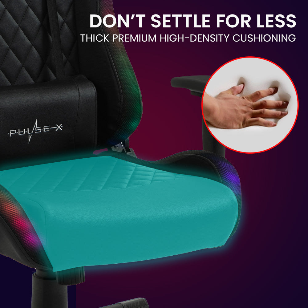 Overdrive Pulse-X gaming chair seat close-up showing thick diamond-stitch upholstery with high-density foam hand-press inset