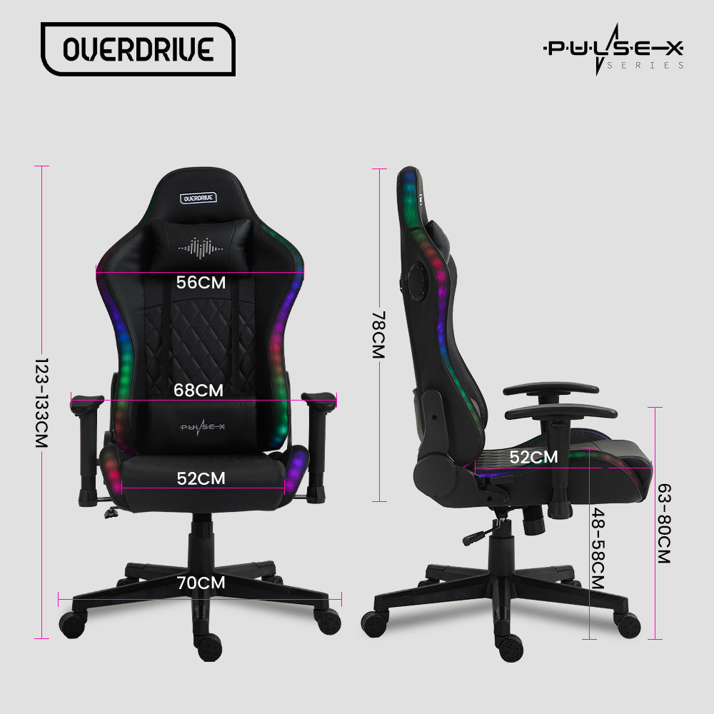 Overdrive Pulse-X black gaming chair with RGB LED strip, diamond-stitch back, headrest and lumbar pillow, angle view on white