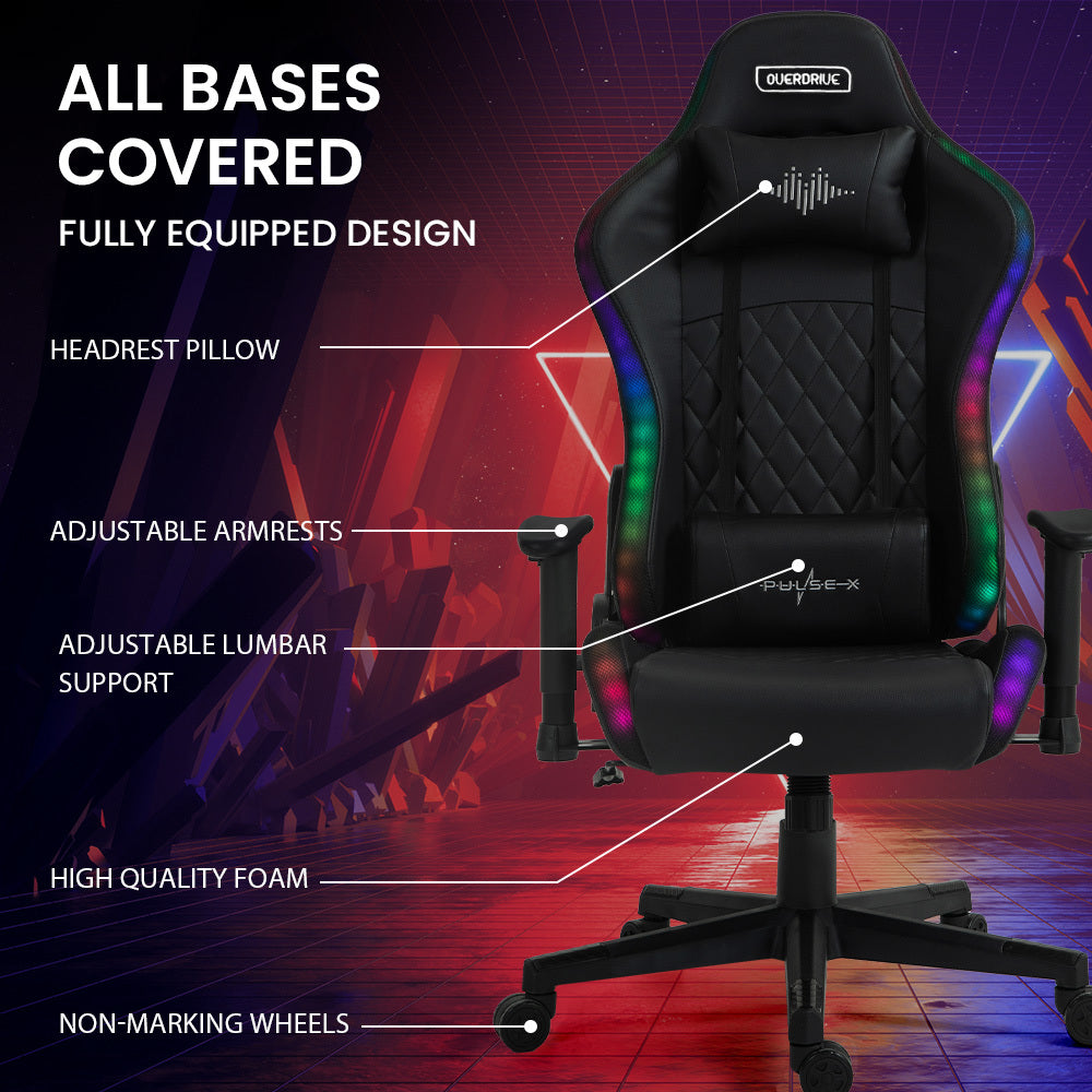 Overdrive Pulse-X gaming chair features: headrest pillow, adjustable armrests, lumbar support, foam, non-marking wheels