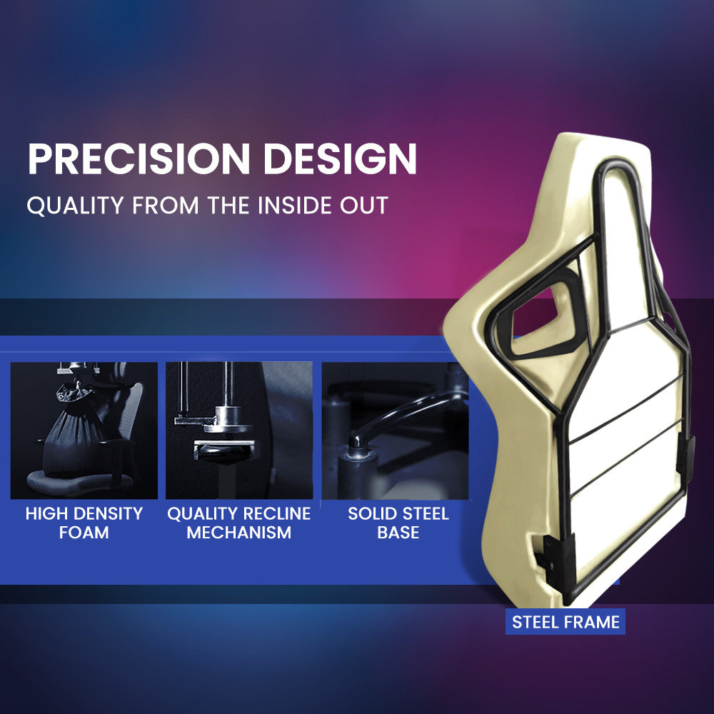 Overdrive Pulse-X gaming chair precision design: steel frame cutaway, high density foam, quality recline mechanism shown