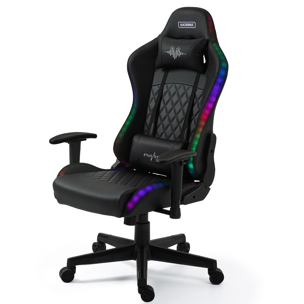 Overdrive Pulse-X black gaming chair with RGB LED strip, diamond-stitch back, headrest and lumbar pillow, angle view on white