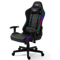 Overdrive Pulse-X black gaming chair with RGB LED strip, diamond-stitch back, headrest and lumbar pillow, angle view on white