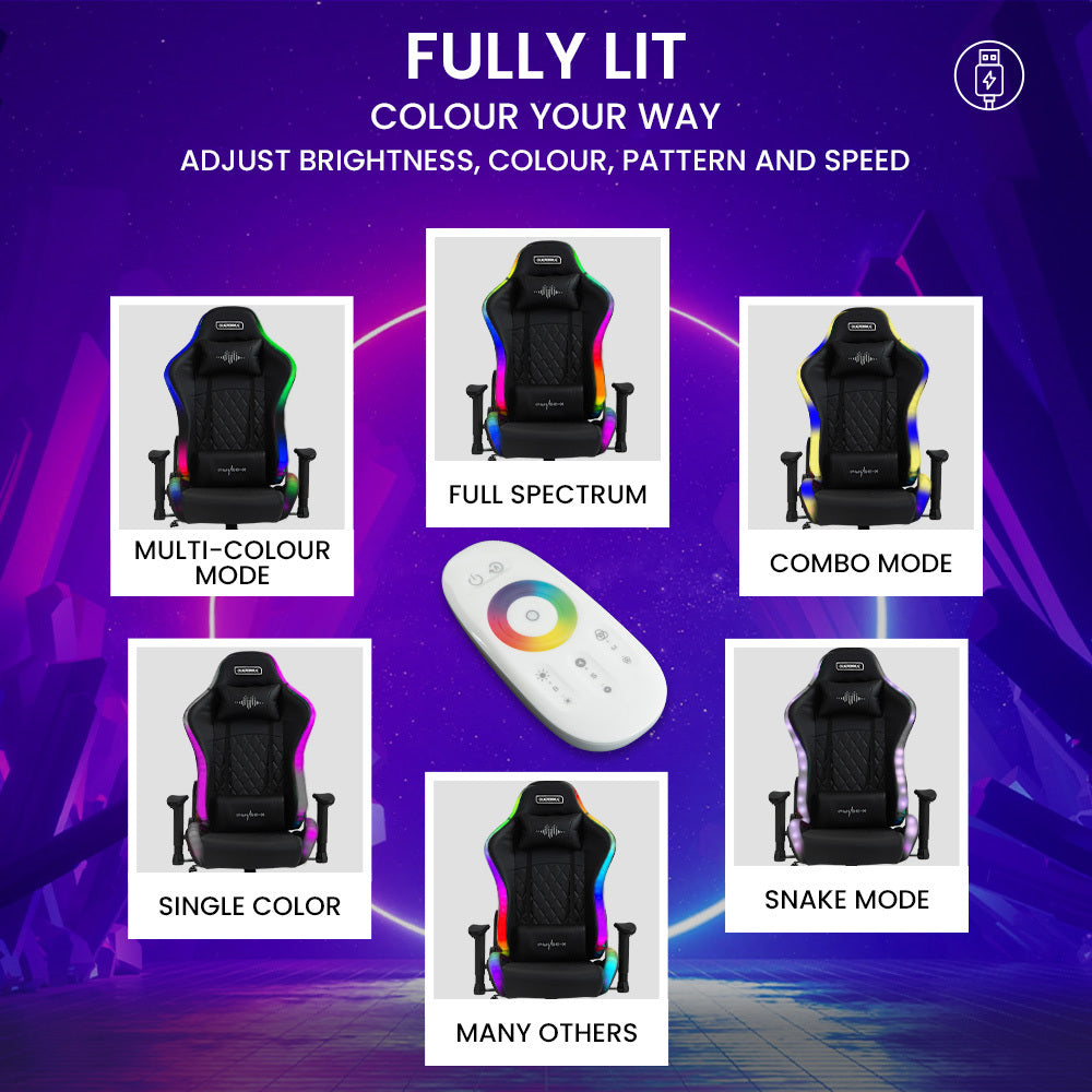 Overdrive Pulse-X gaming chair fully lit LED modes: multi-colour, full spectrum, combo, single colour, snake mode, RF remote