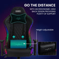 Overdrive Pulse-X gaming chair front view with height-adjustable lumbar callout and Pulse-X lumbar pillow close-up inset