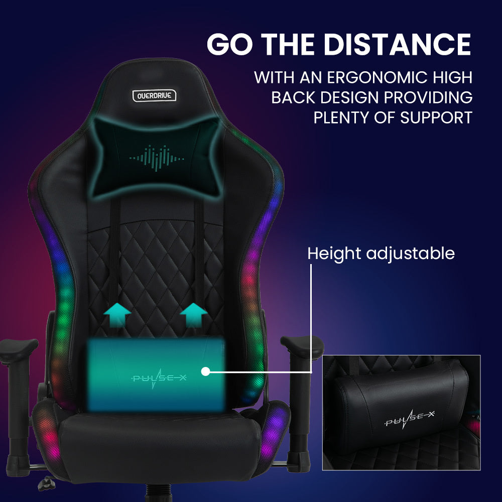 Overdrive Pulse-X gaming chair front view with height-adjustable lumbar callout and Pulse-X lumbar pillow close-up inset