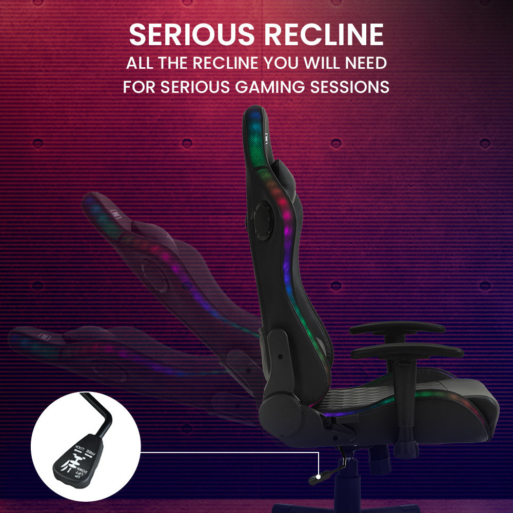 Overdrive Pulse-X black RGB gaming chair serious recline infographic on red-purple background with recline lever close-up