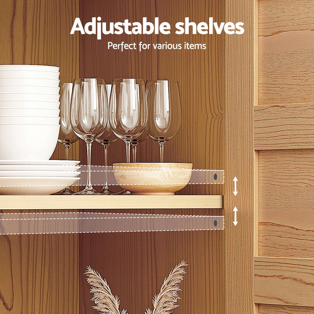 Close-up of pine sideboard interior shelf with wine glasses and dishes, adjustment holes visible, text Adjustable shelves