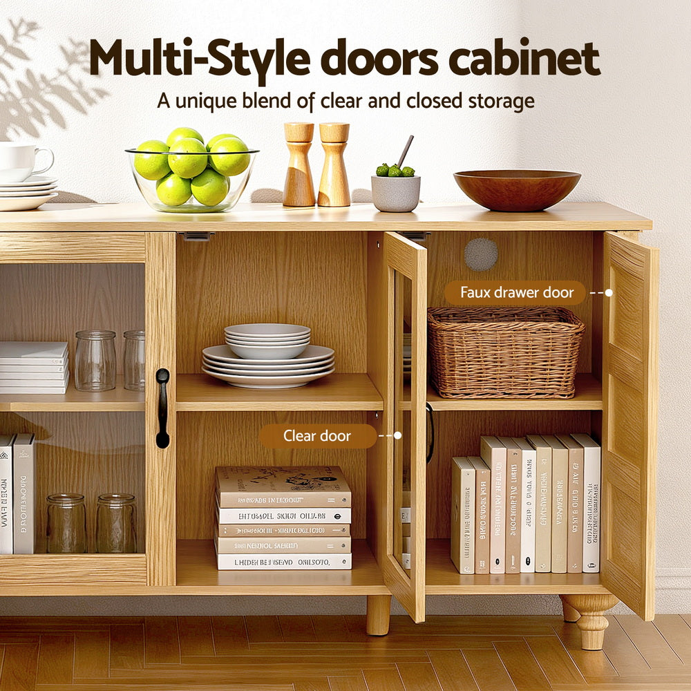 Open pine sideboard interior showing faux drawer door and clear glass door labels, dishes and books on shelves