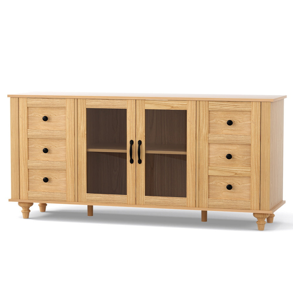 Pine tone sideboard with three drawers on each side, two central glass-panel doors with black handles, on turned wooden legs