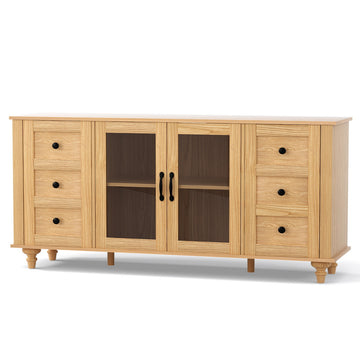 Pine tone sideboard with three drawers on each side, two central glass-panel doors with black handles, on turned wooden legs