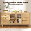 Open pine sideboard in room with capacity labels: 80kg top, 25kg and 15kg shelves, wine glasses and plates inside