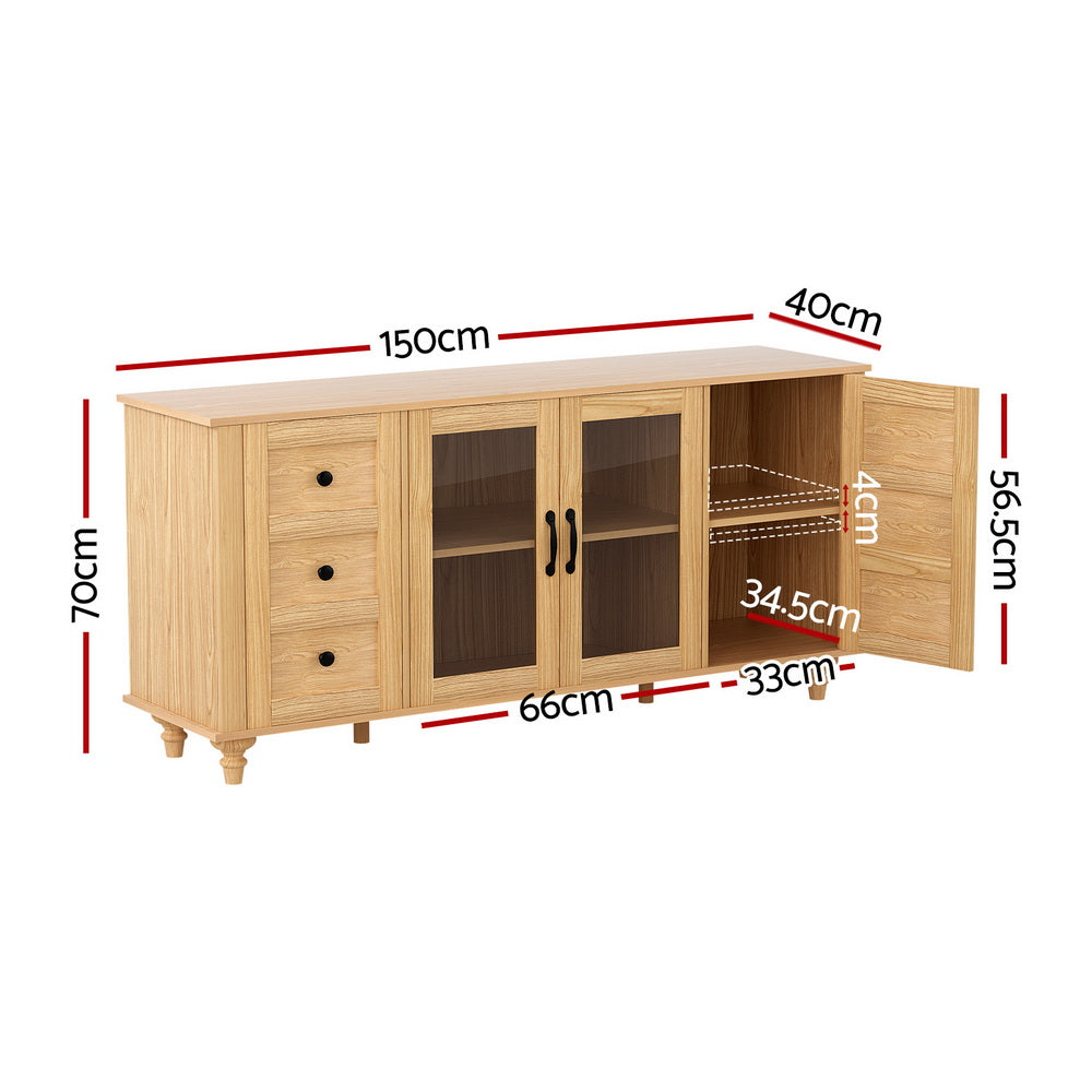 Dimensions diagram of pine sideboard: 150cm wide, 70cm tall, 40cm deep, interior shelf 34.5cm deep and 56.5cm wide