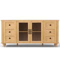 Pine tone sideboard front view, glass-panel doors open showing two interior shelves, three drawers on each side