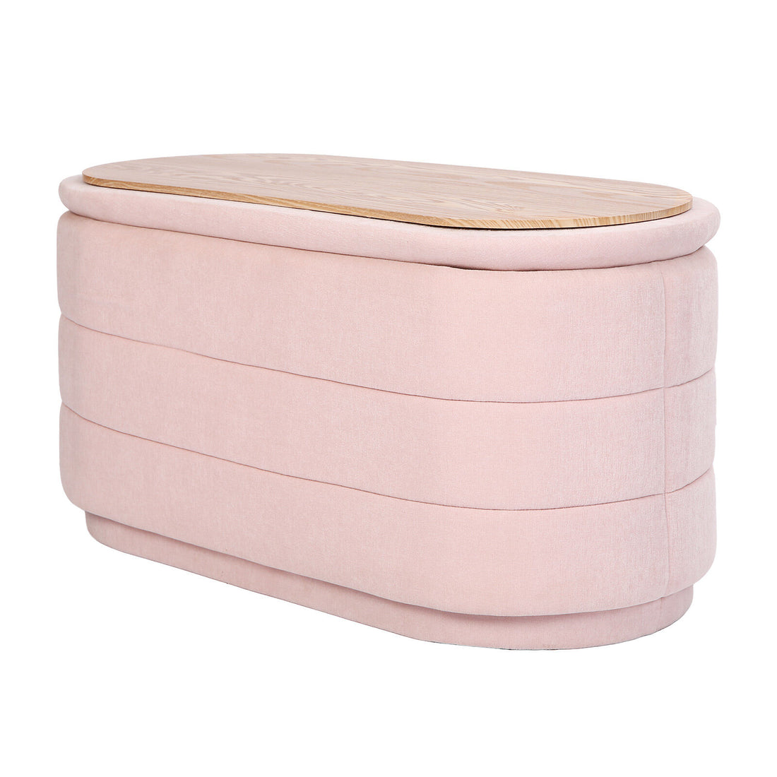 Oval pink fabric storage ottoman with horizontal channel stitching and natural wood grain lid on white background