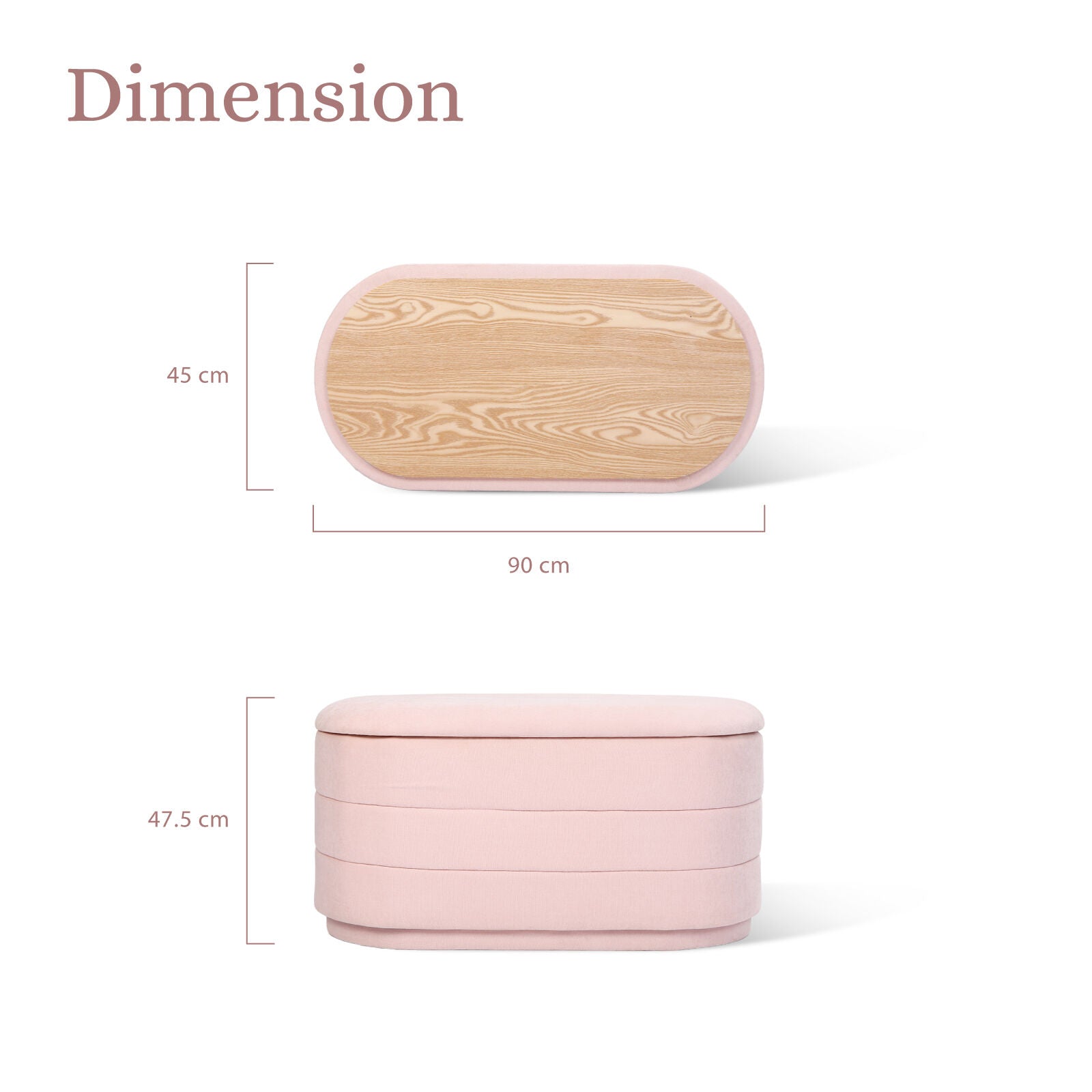 Dimension diagram of pink storage ottoman showing top view 90cm x 45cm and front view height 47.5cm