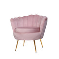 Pink velvet scallop shell-back chair with channel stitching and gold metal legs, angle view on white background