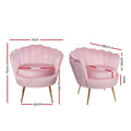Pink velvet scallop armchair dimension diagram front and side view: 71cm tall, 71cm wide, 48cm seat, 68cm deep