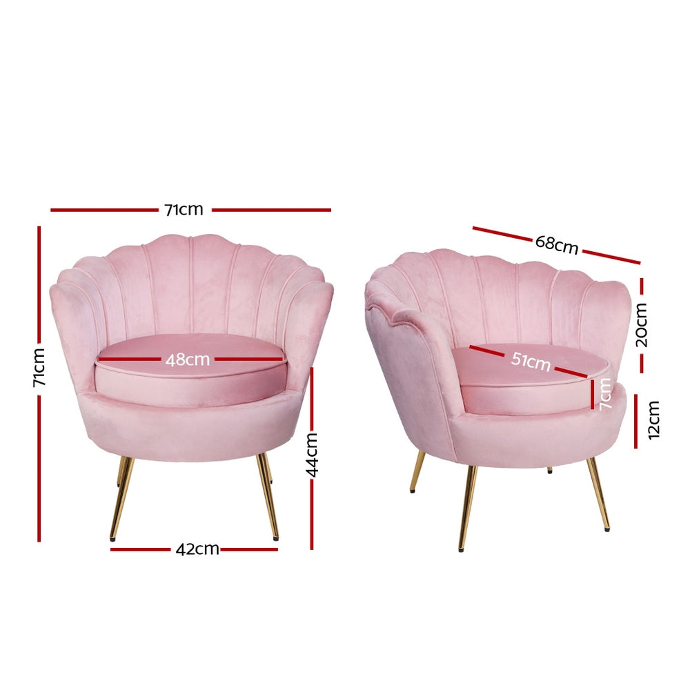 Pink velvet scallop armchair dimension diagram front and side view: 71cm tall, 71cm wide, 48cm seat, 68cm deep