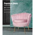 Pink velvet scallop shell armchair with gold legs and feature badges: Premium fabric, Wear-resistant, Breathable, Soft touch