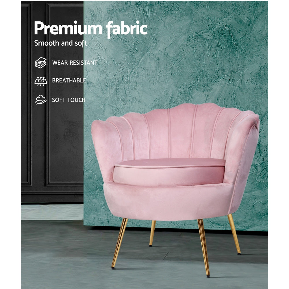 Pink velvet scallop shell armchair with gold legs and feature badges: Premium fabric, Wear-resistant, Breathable, Soft touch