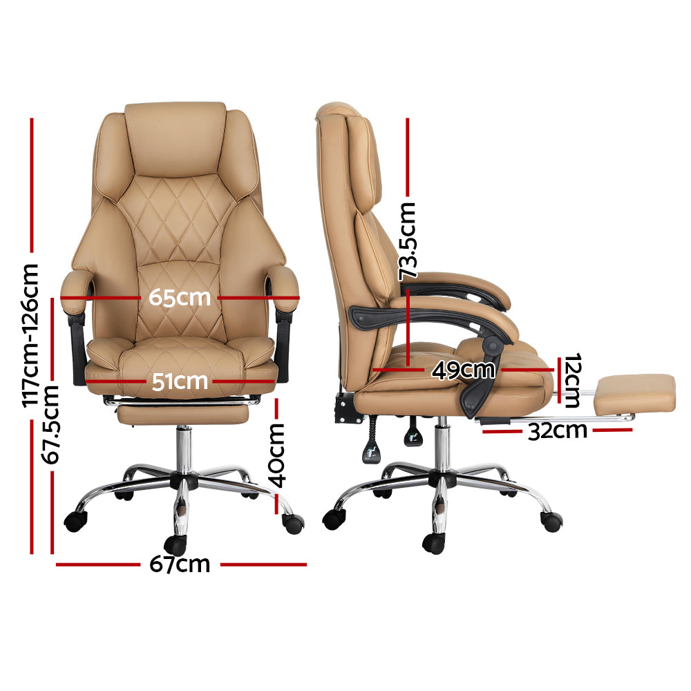 Tan PU executive chair dimensions: 67cm wide, 117-126cm tall, 49cm seat depth, 32cm footrest and 40cm seat height