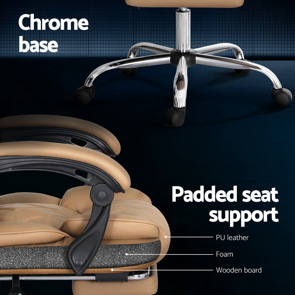 Tan PU executive chair padded seat cross-section showing PU leather, foam and wooden board layers with chrome star base