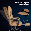 Tan PU executive chair reclined 90-135 degrees with retractable footrest extended, footrest dimensions 36x21x5cm