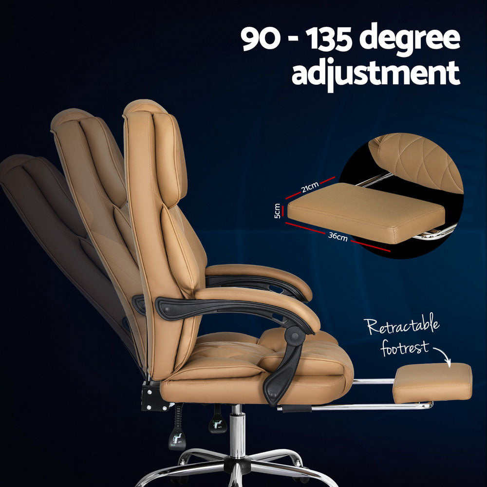 Tan PU executive chair reclined 90-135 degrees with retractable footrest extended, footrest dimensions 36x21x5cm