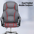 Grey PU executive chair feature diagram showing dual padded back and seat highlighted with red outlines on grey background