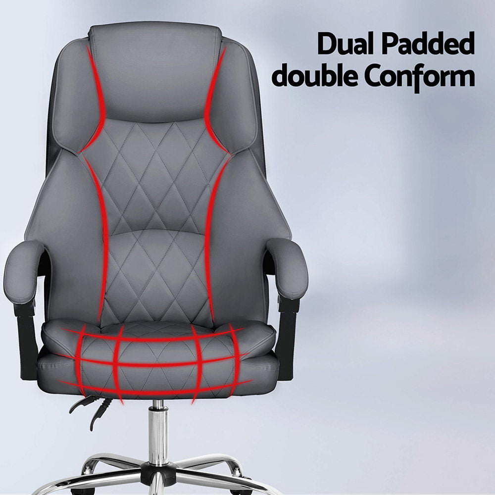 Grey PU executive chair feature diagram showing dual padded back and seat highlighted with red outlines on grey background