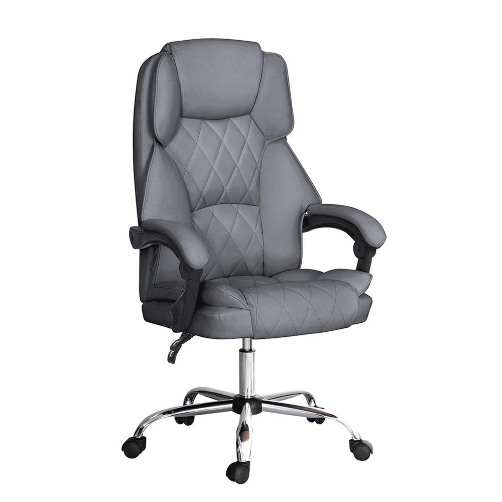 Grey PU leather high-back executive office chair with diamond-stitch back and chrome base on white background