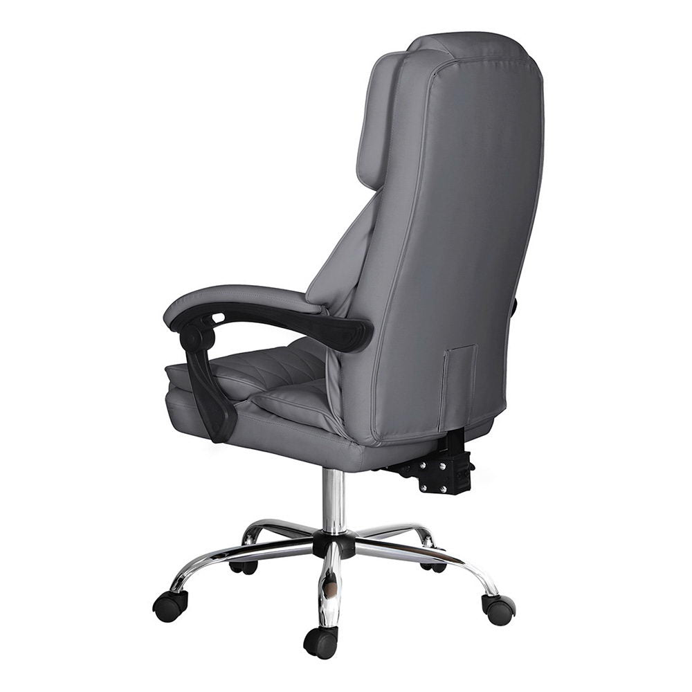 Grey PU executive chair rear view showing high-back panel, headrest and chrome base on white background