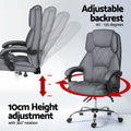Grey PU chair recline diagram showing 90-135 degree backrest and 10cm height adjustment with 360 rotation
