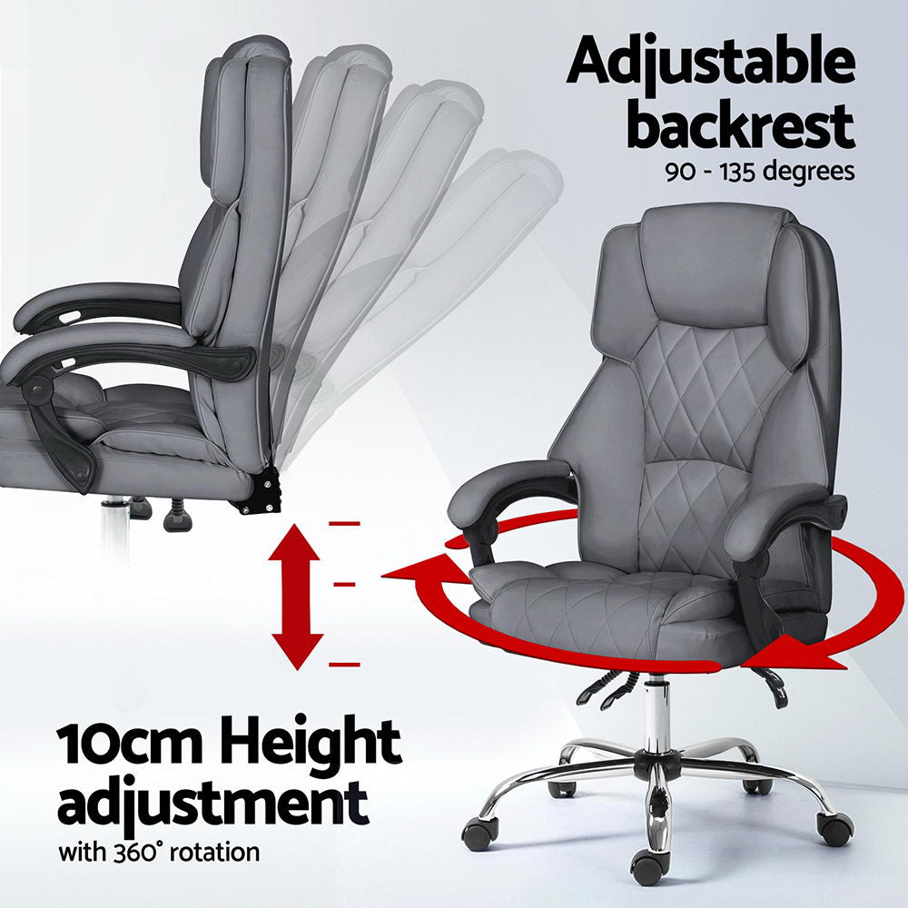 Grey PU chair recline diagram showing 90-135 degree backrest and 10cm height adjustment with 360 rotation