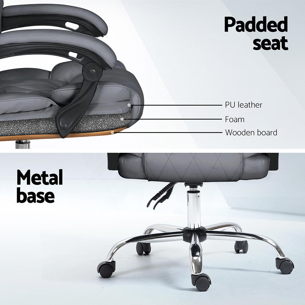 Grey PU executive chair seat cross-section showing PU leather, foam and wooden board with chrome metal base and casters