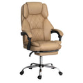 Tan PU leather high-back executive chair with diamond-stitch back, retractable footrest and chrome base on white background