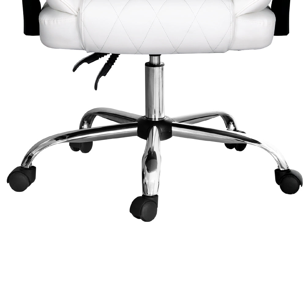 Close-up of chrome five-star base with five casters on white PU diamond-stitch executive office chair on white background