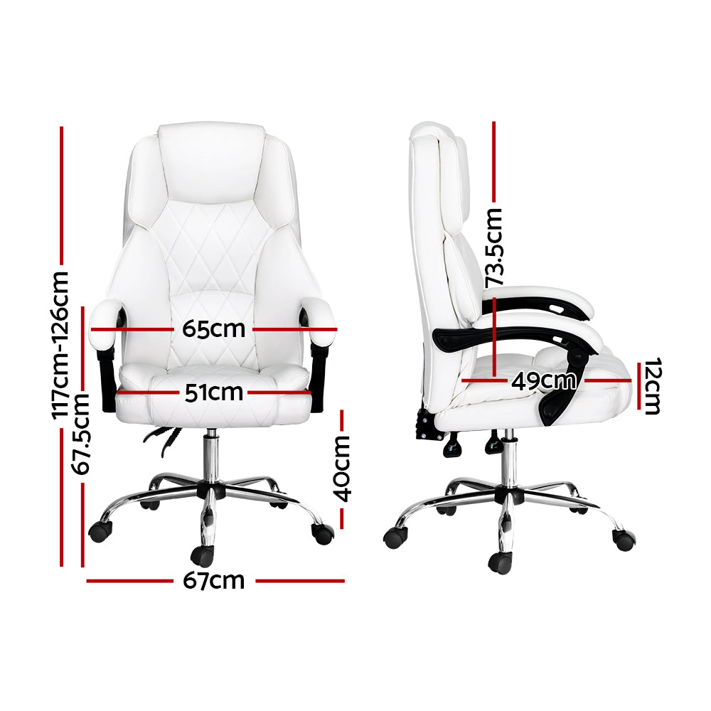 White PU diamond-stitch high-back executive chair with chrome base in room with grey panelled walls and wood floor