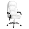 White PU leather high-back executive office chair with diamond-stitch back and chrome base on white background, angle view