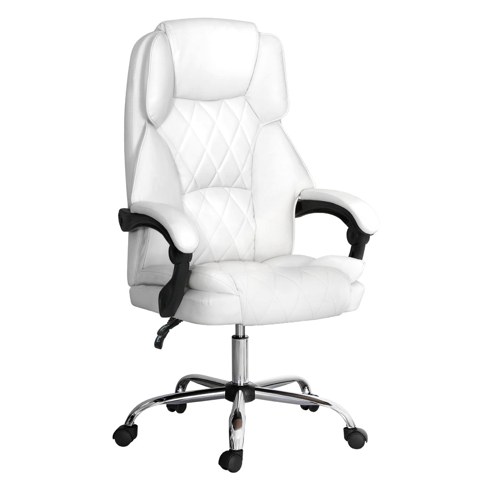 White PU leather high-back executive office chair with diamond-stitch back and chrome base on white background, angle view
