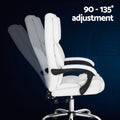 White PU diamond-stitch executive chair shown reclining 90 to 135 degrees in side view on dark blue background