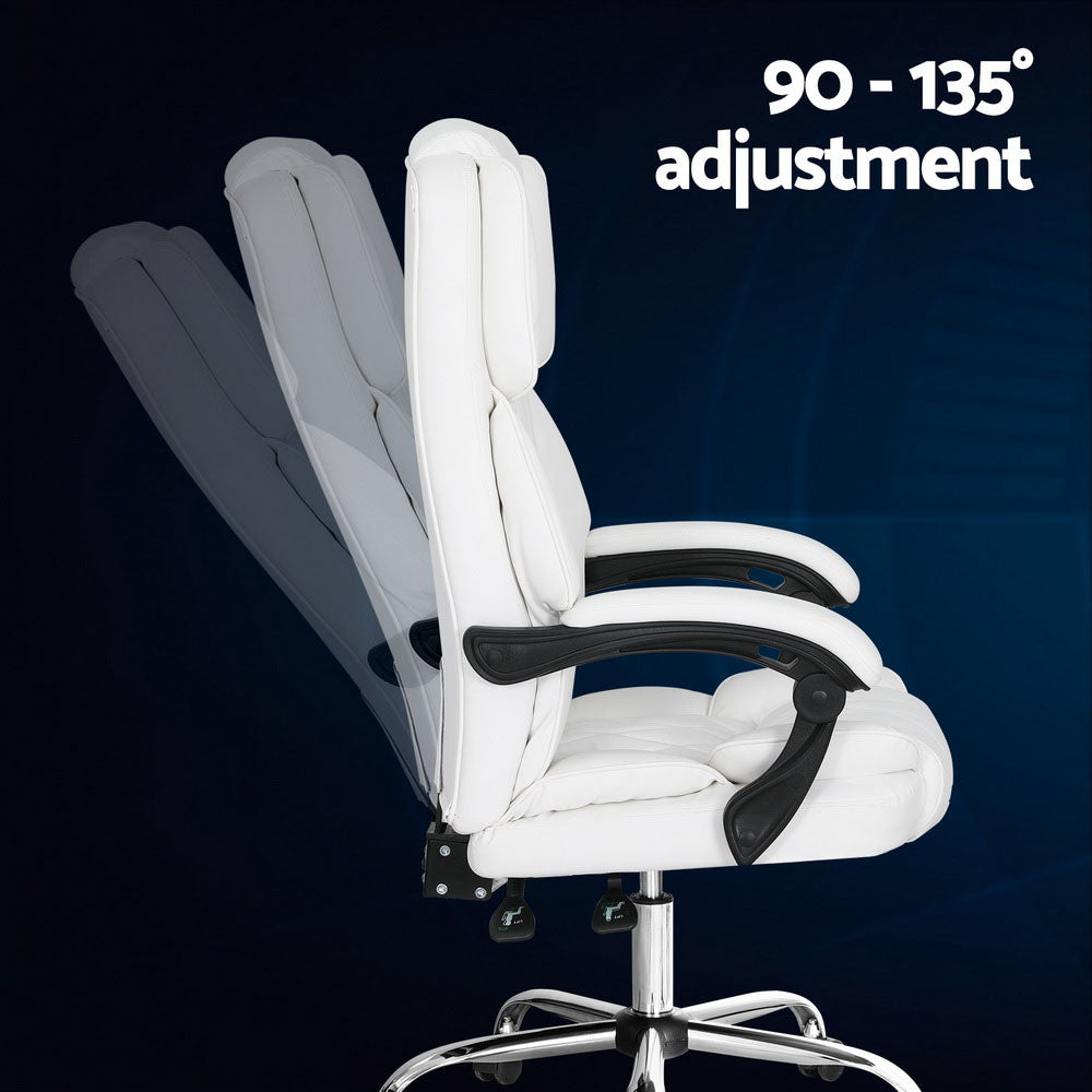 White PU diamond-stitch executive chair shown reclining 90 to 135 degrees in side view on dark blue background
