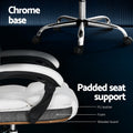White PU executive chair padded seat cross-section showing PU leather, foam and wooden board layers with chrome base