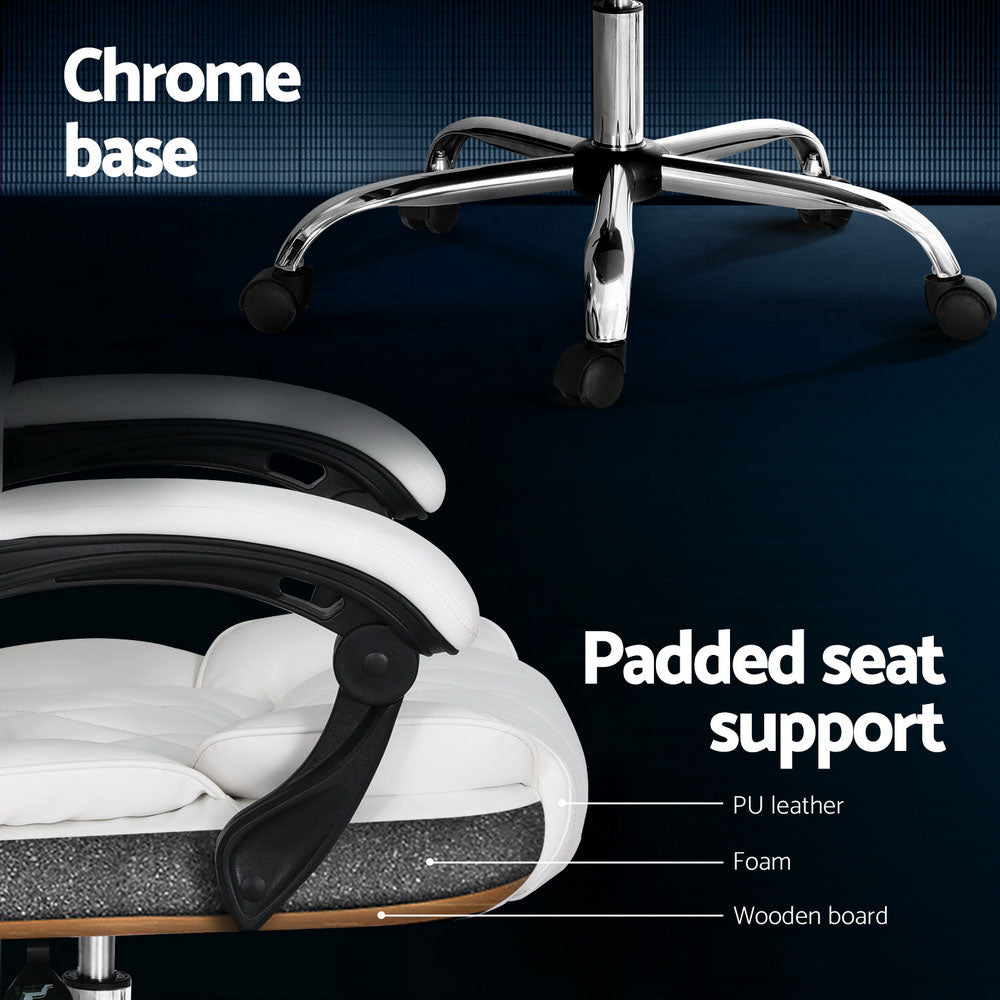 White PU executive chair padded seat cross-section showing PU leather, foam and wooden board layers with chrome base