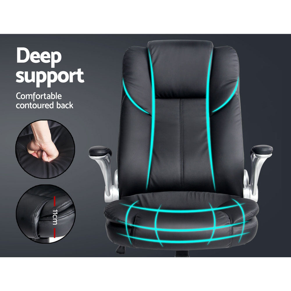 Black PU flip-arm executive chair on dark grey background with teal lines marking contoured back and seat depth insets