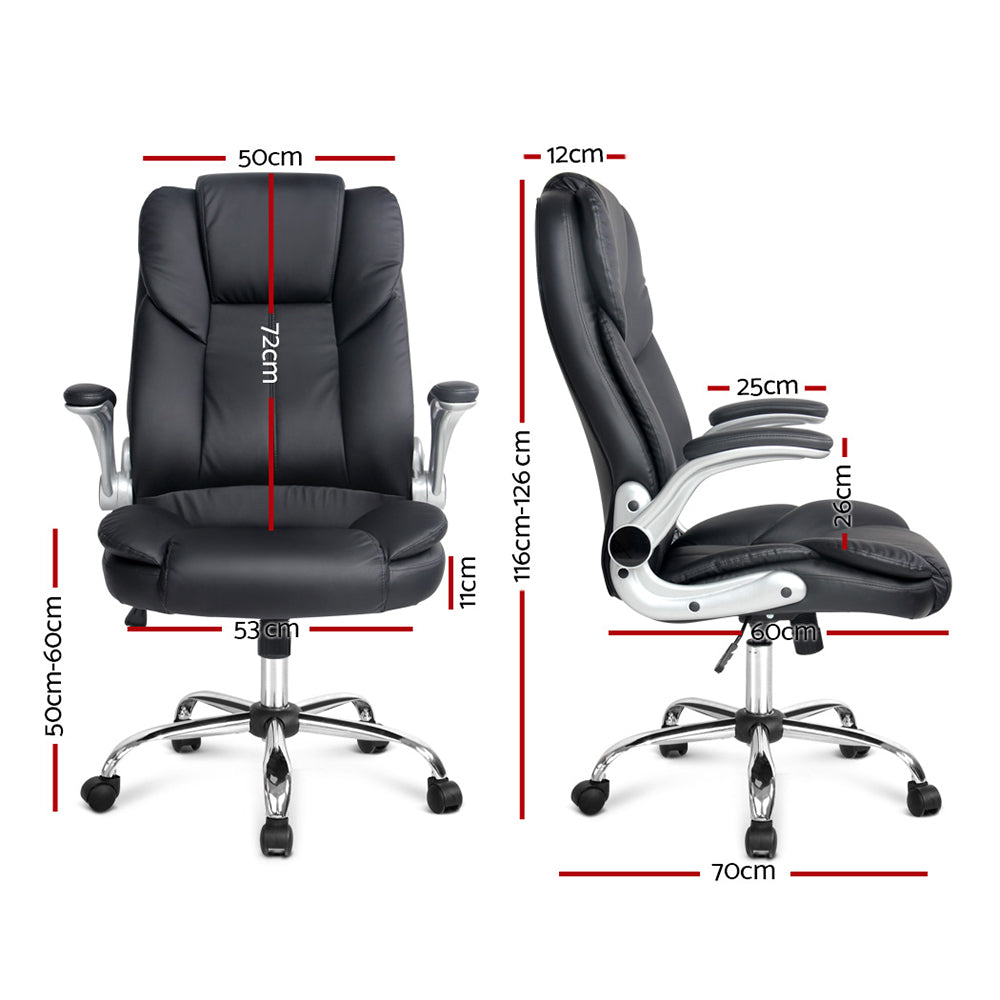Black PU flip-arm executive chair dimensions 50cm width 116-126cm height 53cm seat depth 70cm base 50-60cm seat height