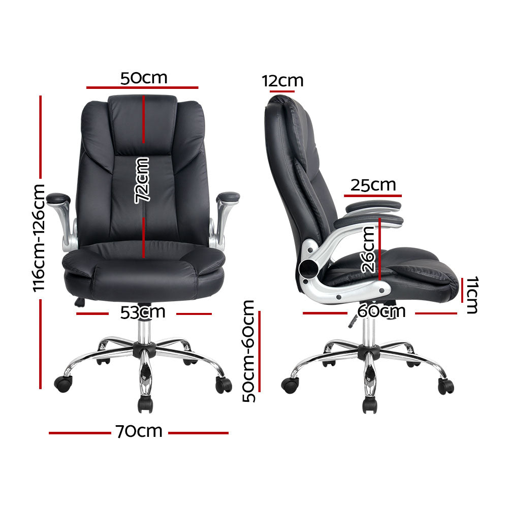 Black PU executive chair with silver 90-degree flip-up armrests and chrome five-star base on blue gradient background